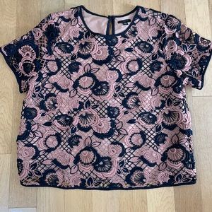 Ann Taylor Pink Short Sleeve Lace Overlay Top with Navy Floral Accents